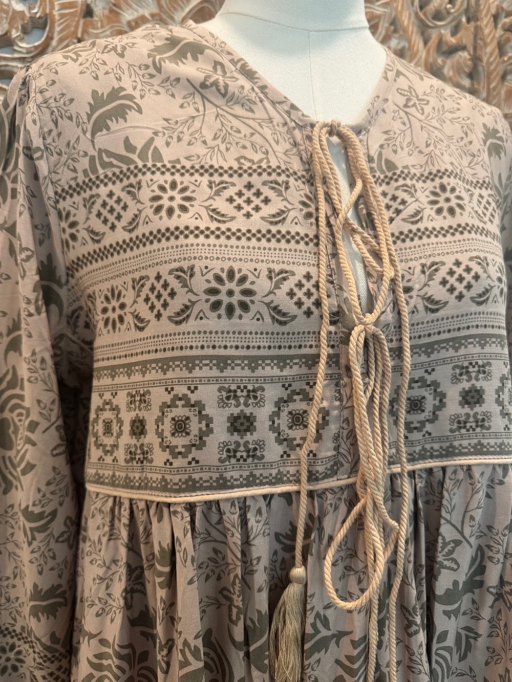 R. Vivimos Cream& Sage Bohemian Floral Flowy Midi Dress, Lightweight Comfy! - Picture 4 of 16